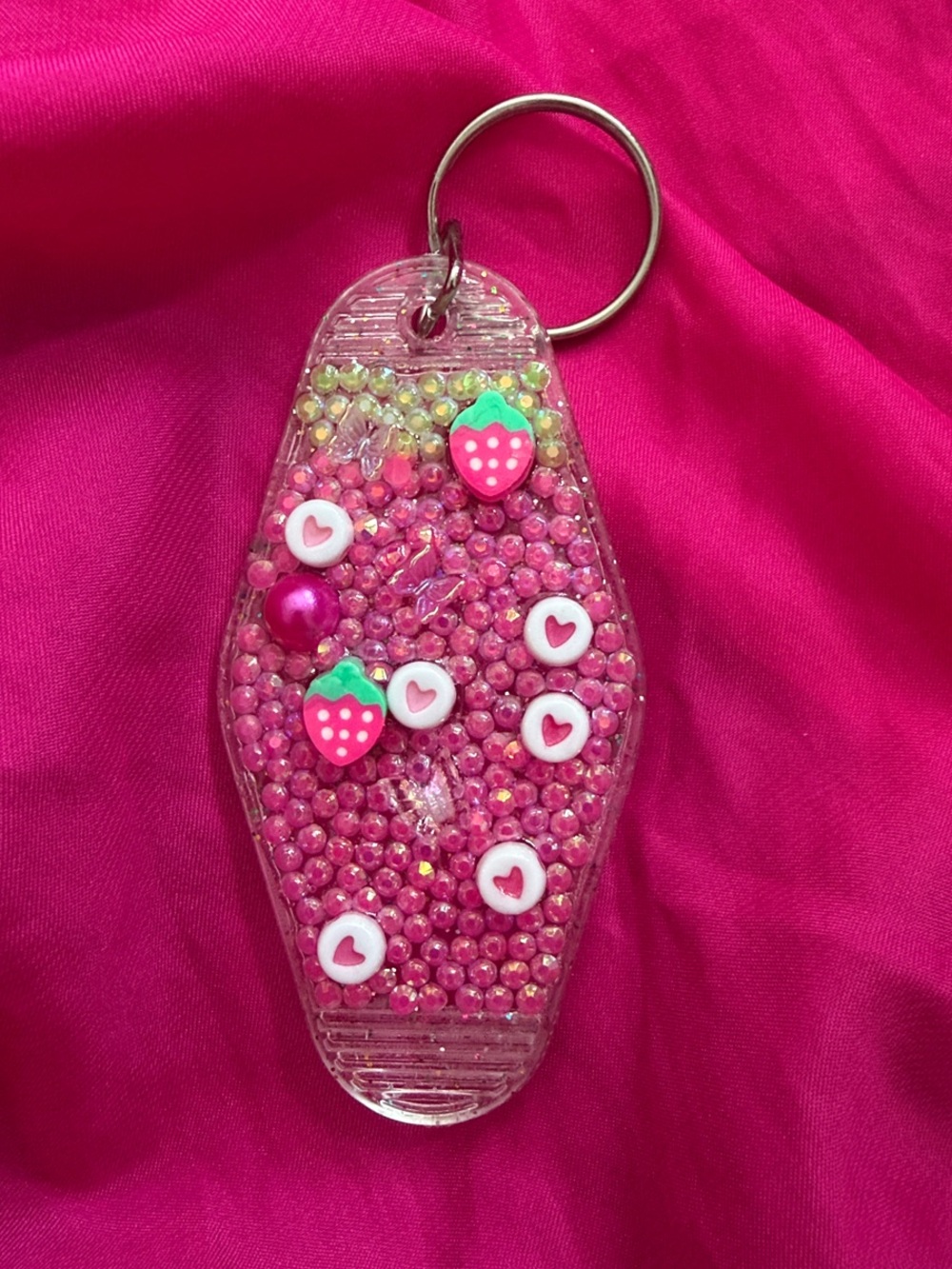 Pink Strawberry Heart Bead Keychain